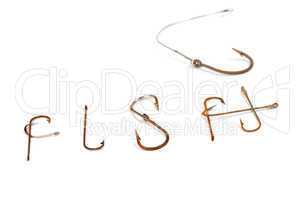 Word F I S H composed of old rusty fish hooks