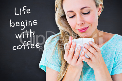 Composite image of smiling blonde with hot beverage relaxing