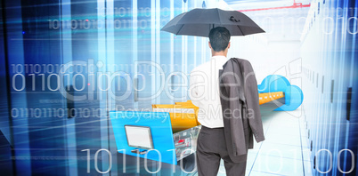 Composite image of businessman standing back to camera holding u