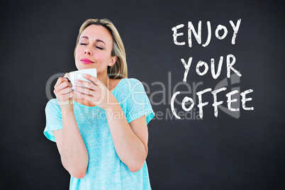 Composite image of peaceful blonde with hot beverage relaxing