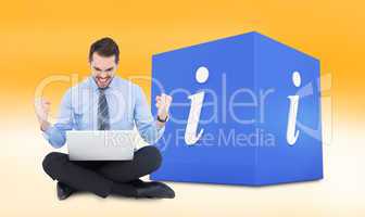Composite image of businessman sitting with his laptop cheering