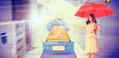 Composite image of attractive businesswoman holding red umbrella