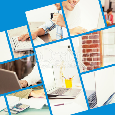 Composite image of man working with laptop and writing