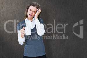 Composite image of woman with headache holding mug