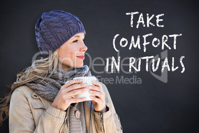 Composite image of pretty blonde with mug