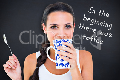 Composite image of pretty brunette having cup of tea