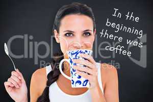 Composite image of pretty brunette having cup of tea