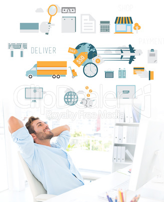 Composite image of casual man resting with hands behind head in
