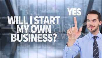 Composite image of happy businessman standing and pointing up