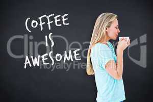 Composite image of pretty blonde standing and holding hot bevera