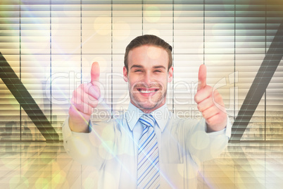 Composite image of positive businessman smiling with thumbs up