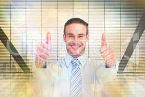 Composite image of positive businessman smiling with thumbs up