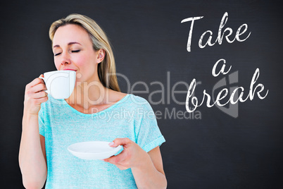 Composite image of peaceful blonde drinking hot beverage with ey