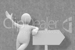 Composite image of white character leaning on signpost