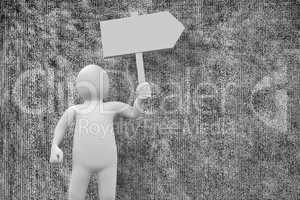 Composite image of white character holding signpost
