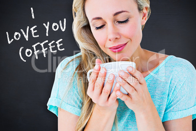 Composite image of smiling blonde with hot beverage relaxing