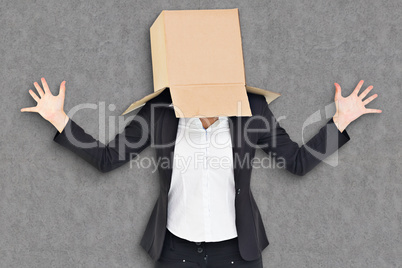 Composite image of anonymous businesswoman with her hands up