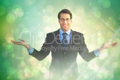 Composite image of businessman with open hands looking at the ca