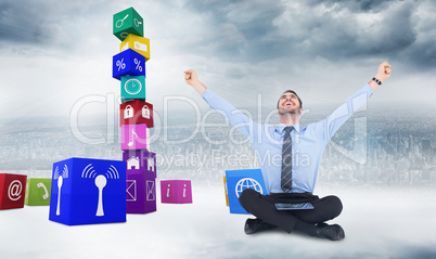 Composite image of businessman cheering with tablet sitting on f