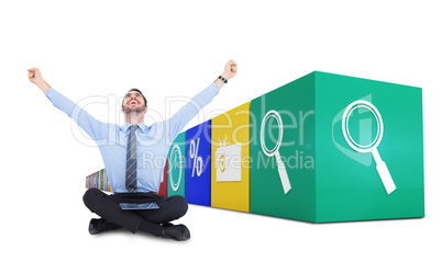 Composite image of businessman cheering with tablet sitting on f