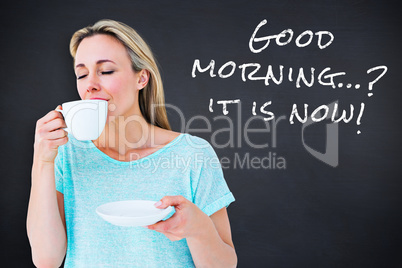 Composite image of peaceful blonde drinking hot beverage with ey