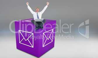 Composite image of excited cheering businessman sitting using hi