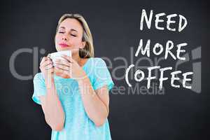 Composite image of peaceful blonde with hot beverage relaxing