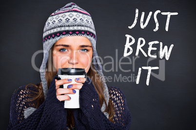 Composite image of beautiful woman in warm clothing drinking cof