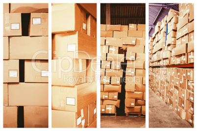 Composite image of cardboard boxes in warehouse