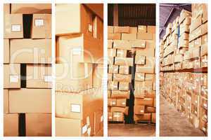 Composite image of cardboard boxes in warehouse