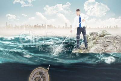 Composite image of businessman pulling rope