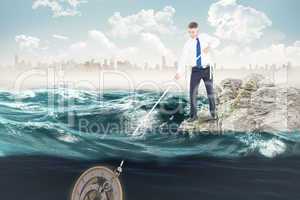 Composite image of businessman pulling rope