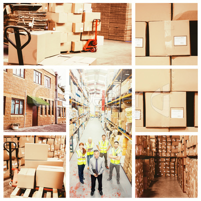 Composite image of warehouse with cardboard boxes