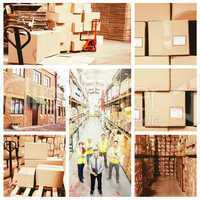 Composite image of warehouse with cardboard boxes