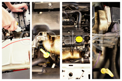 Composite image of mechanic working under the hood