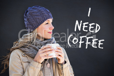 Composite image of pretty blonde with mug