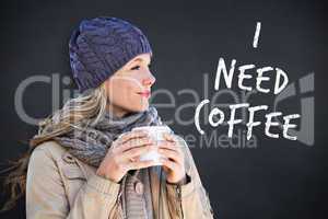 Composite image of pretty blonde with mug