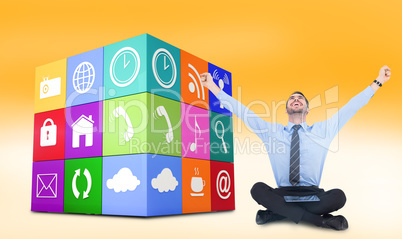 Composite image of businessman cheering with tablet sitting on f