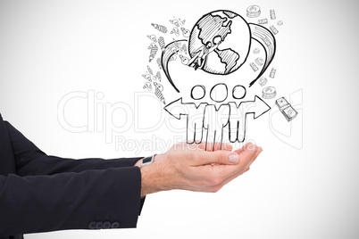 Composite image of businessman with arms out presenting somethin