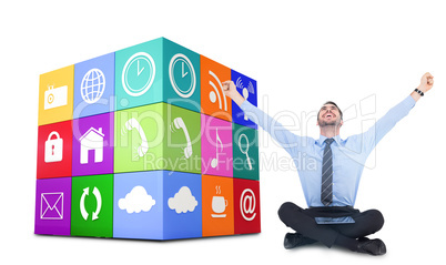 Composite image of businessman cheering with tablet sitting on f