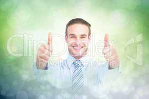 Composite image of positive businessman smiling with thumbs up