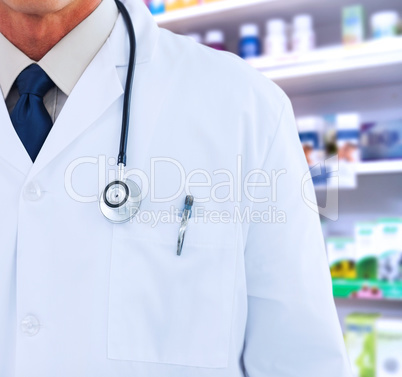 Composite image of doctor wearing lab coat