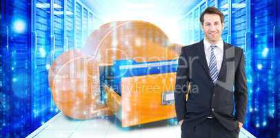Composite image of smiling businessman standing with hands in po