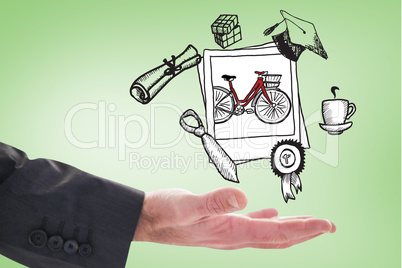 Composite image of businessman holding hand out in presentation