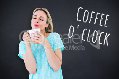 Composite image of peaceful blonde with hot beverage relaxing