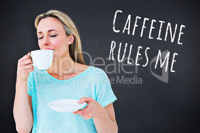 Composite image of peaceful blonde drinking hot beverage with ey