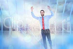 Composite image of smiling businessman stepping with hands raise