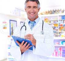 Composite image of happy doctor writing on clipboard