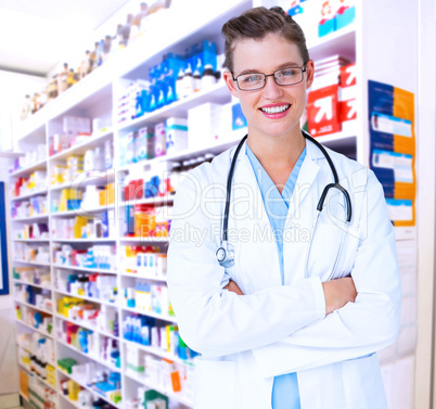 Composite image of doctor with arms crossed smiling at camera