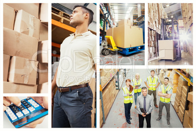 Composite image of boxes on trolley in warehouse